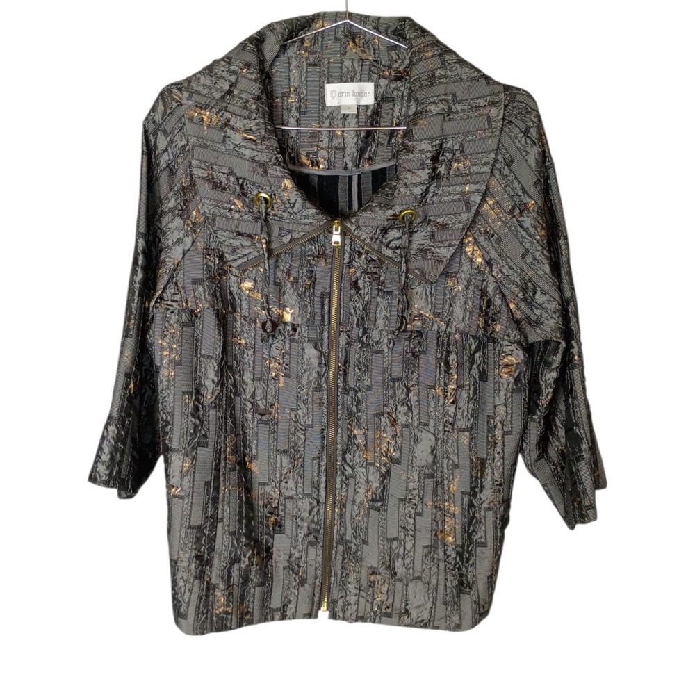 Erin London Womens Grey Gold Metallic Textured Full Zip Portrait Collar Jacket M